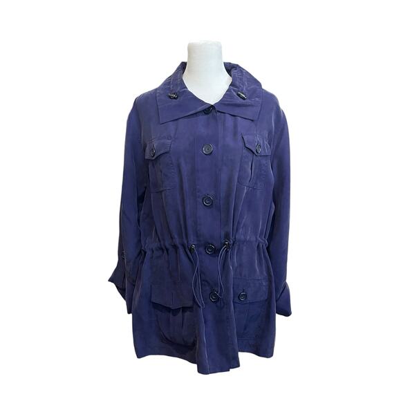 Chicos Silk Anorak Jacket Size 2 Navy‎ Blue Button Cinch Waist Lightweight Long - Picture 1 of 9